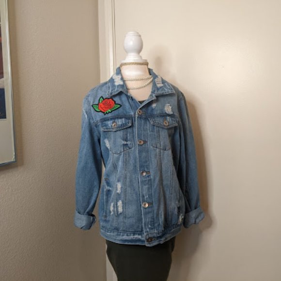 Guess Jackets & Blazers - Guess distressed Demin jacket with Red Rose patches US size S/M